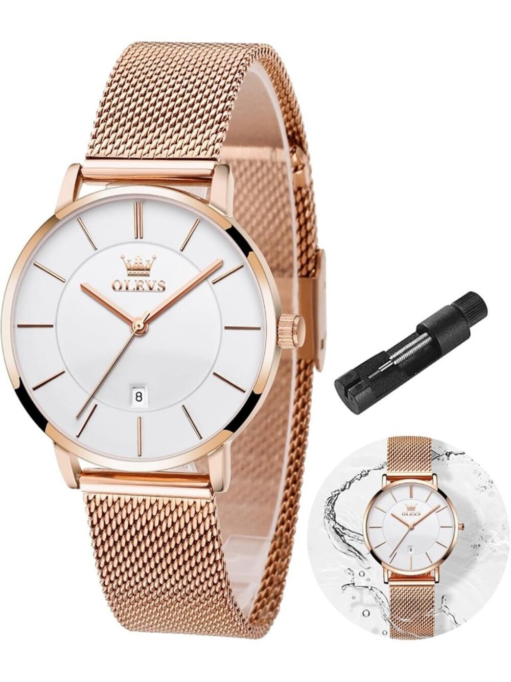 Women's Rose Gold Mesh Stainless Steel Slim Thin Waterproof Luxury Wrist Watch